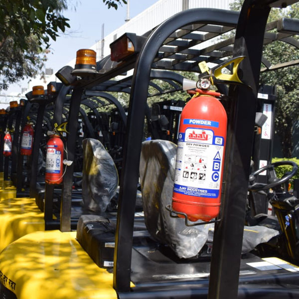 Fire extinguisher on forklift